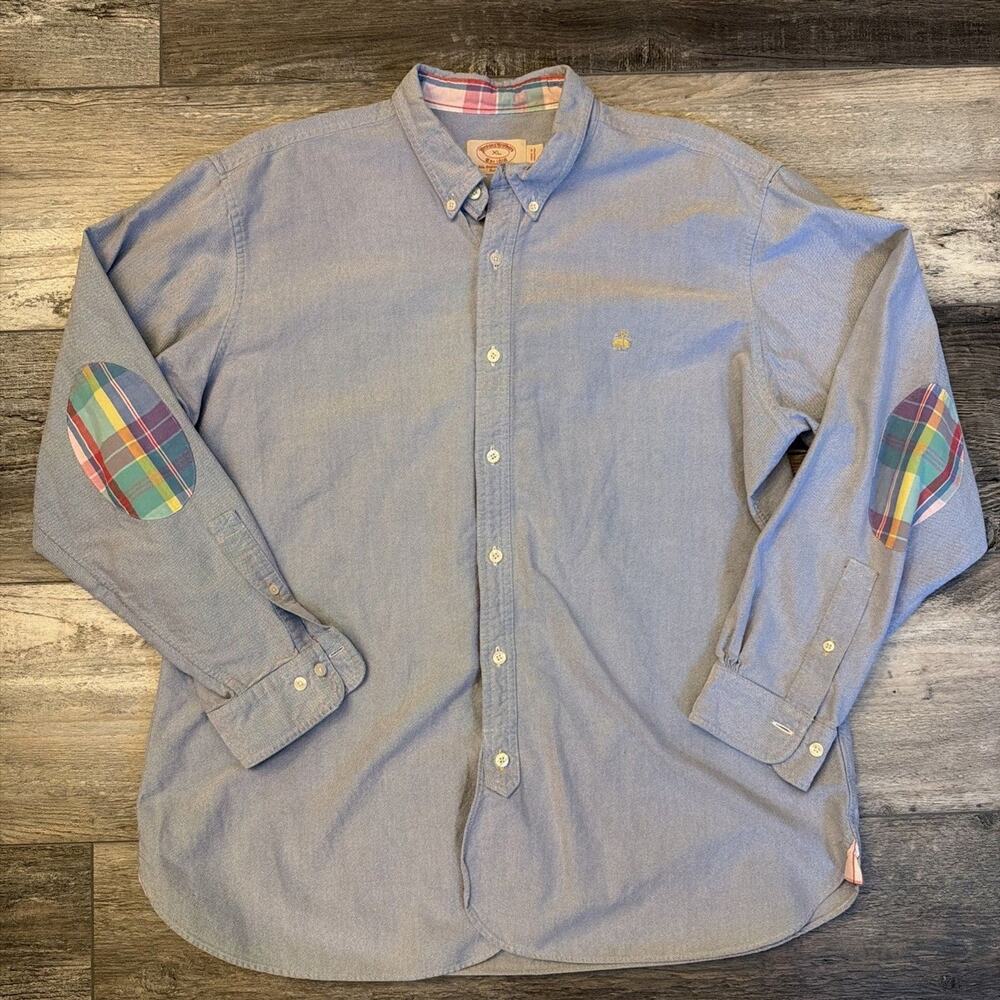 Brooks Brothers Men Casual Button-Down Shirt Blue XL Supima Cotton Elbow Patches